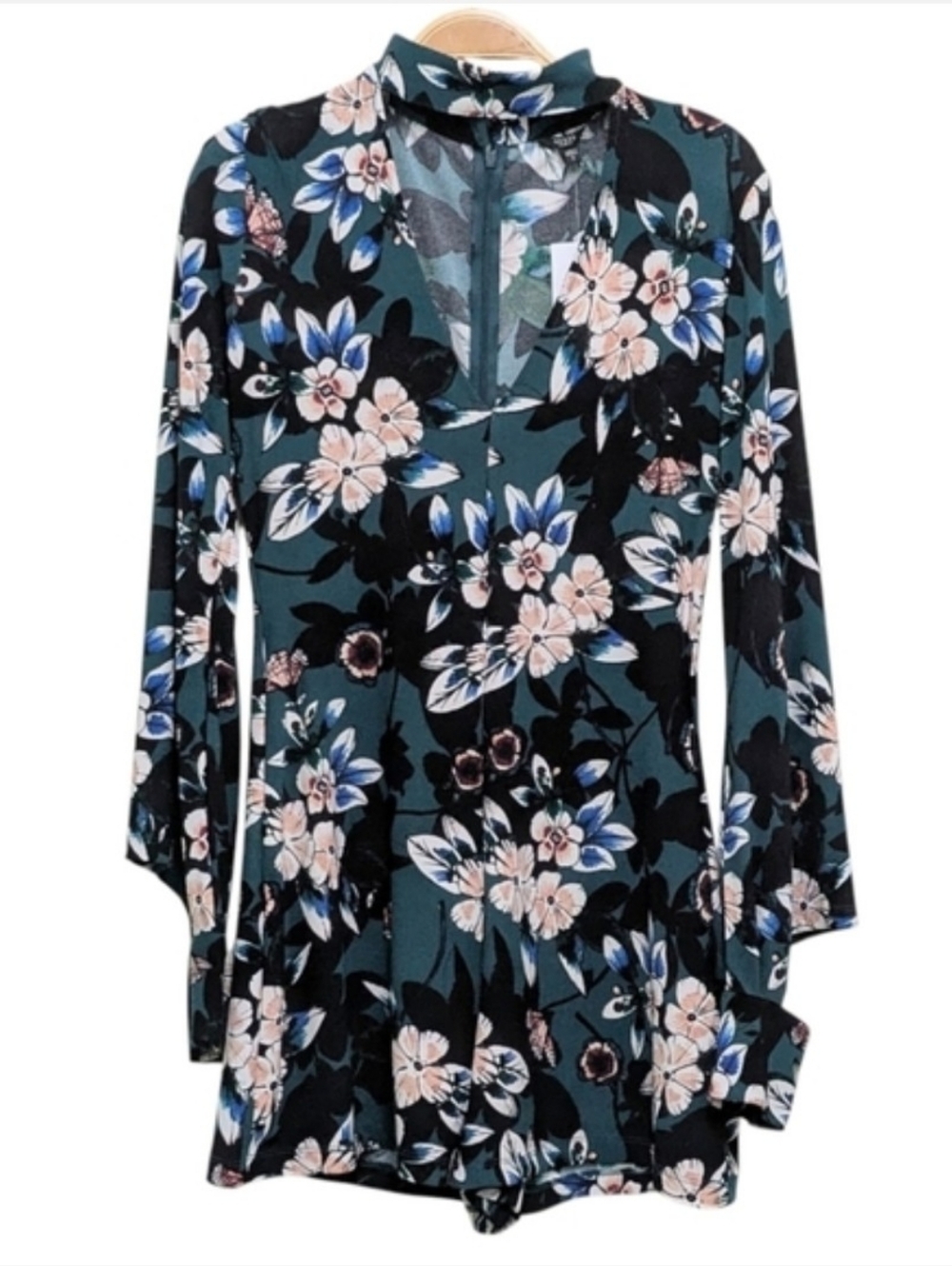 Guess Teal Floral choker romper long sleeve cutout boho festival mini small NWT